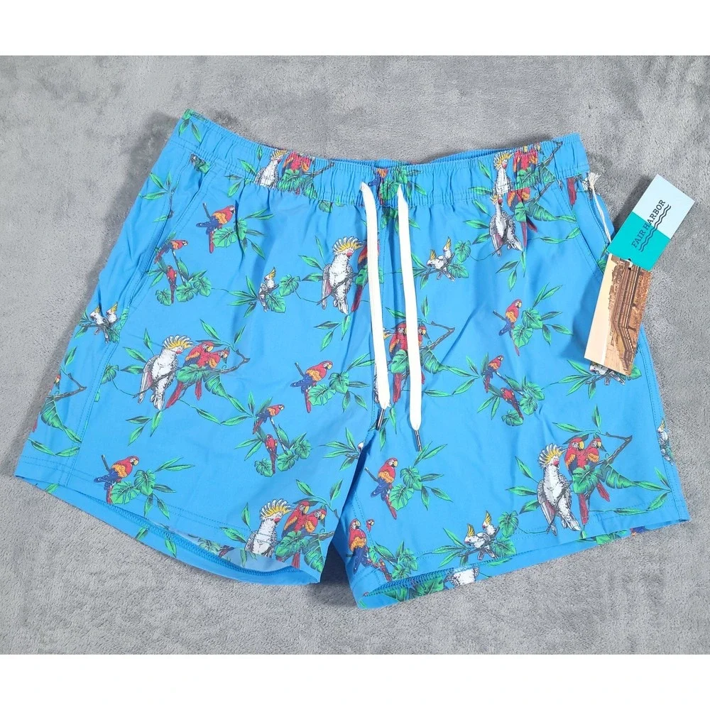 NEW Fair‎ Harbor Bungalow Short Mens 2X Blue Parrot Party Tropical Swim Trunks